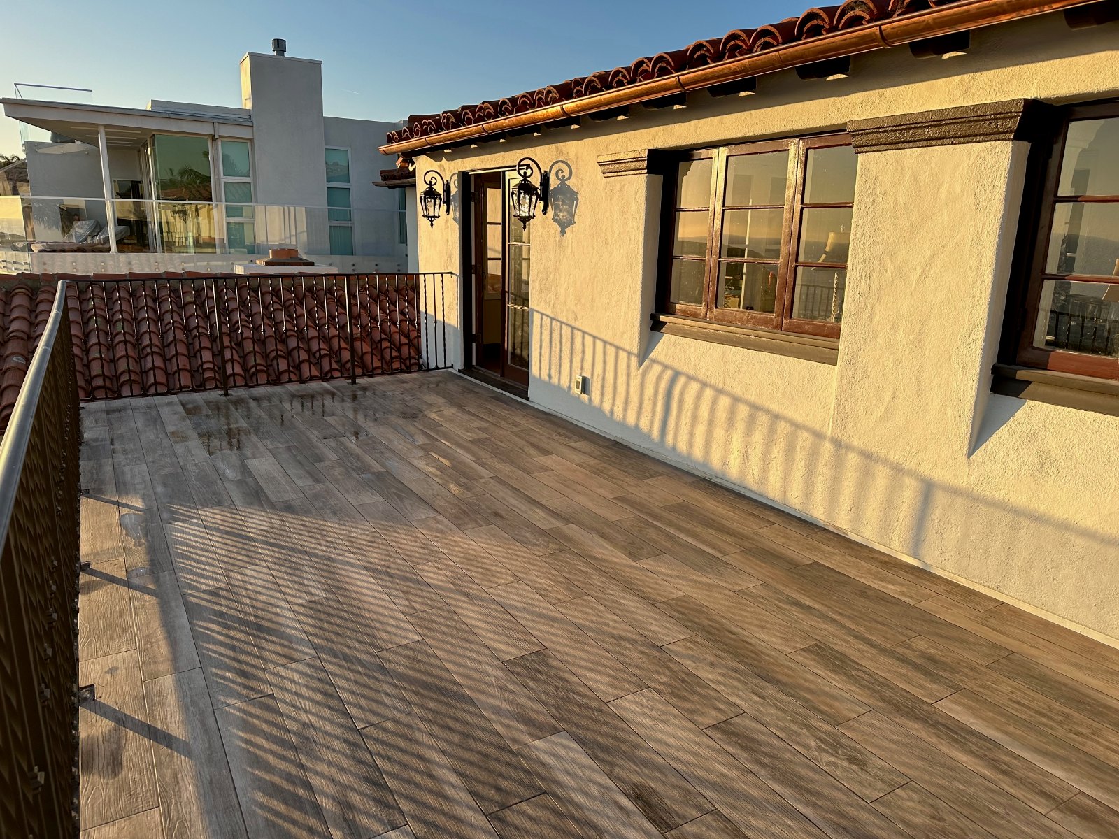 Finished custom double doors on historic Dana Point terrace