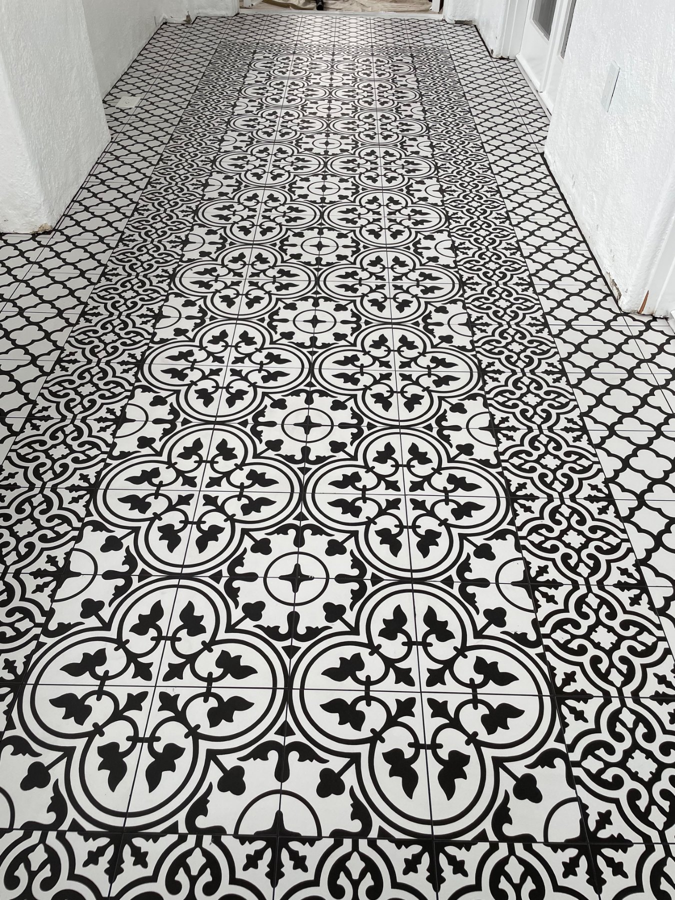 Custom patterned tile floor in a historic Dana Point sunroom